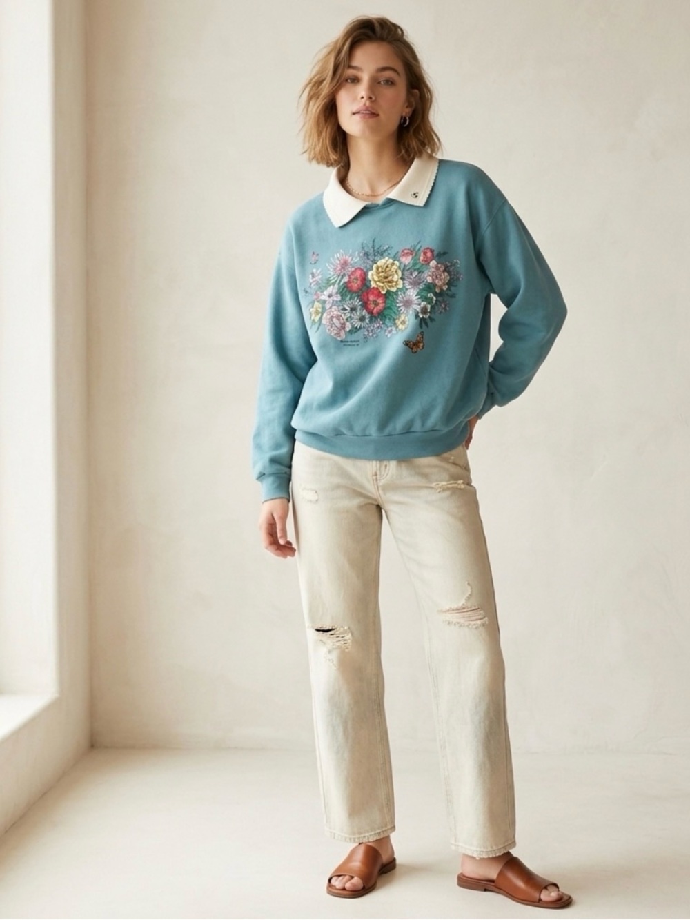 Vintage 90’s Collared Grandma Sweatshirt with Morning Sun Floral Butterfly Bee